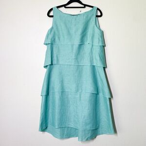 Elm Design 100% Linen Tiered Dress 1 Small Below the Knee Blue-Green Sleeveless